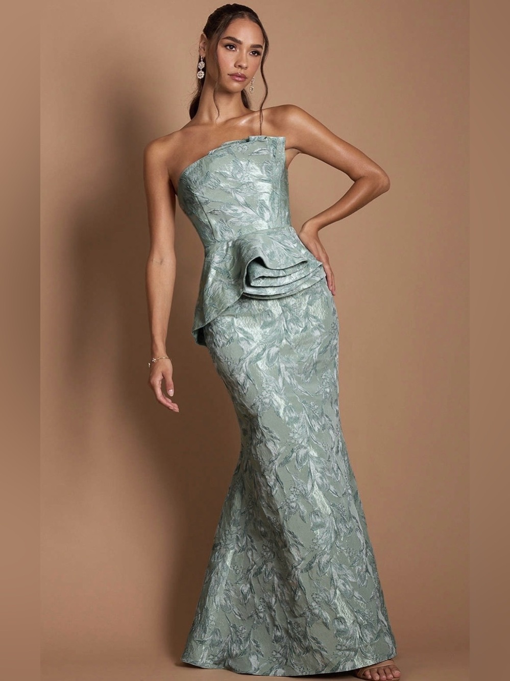 Strapless Seafoam Peplum Mermaid Gown - Picture 8 of 12